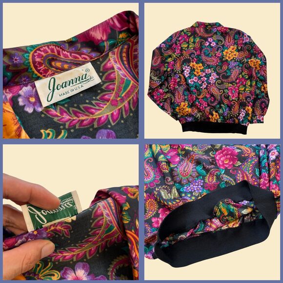 Vintage 70s/80s floral womens shirt by Joanna, 1970s black & pink blouse - Picture 6 of 8